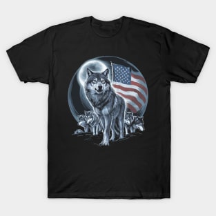 Wolves Under Moon Howling Wolf 4th of July American Flag T-Shirt